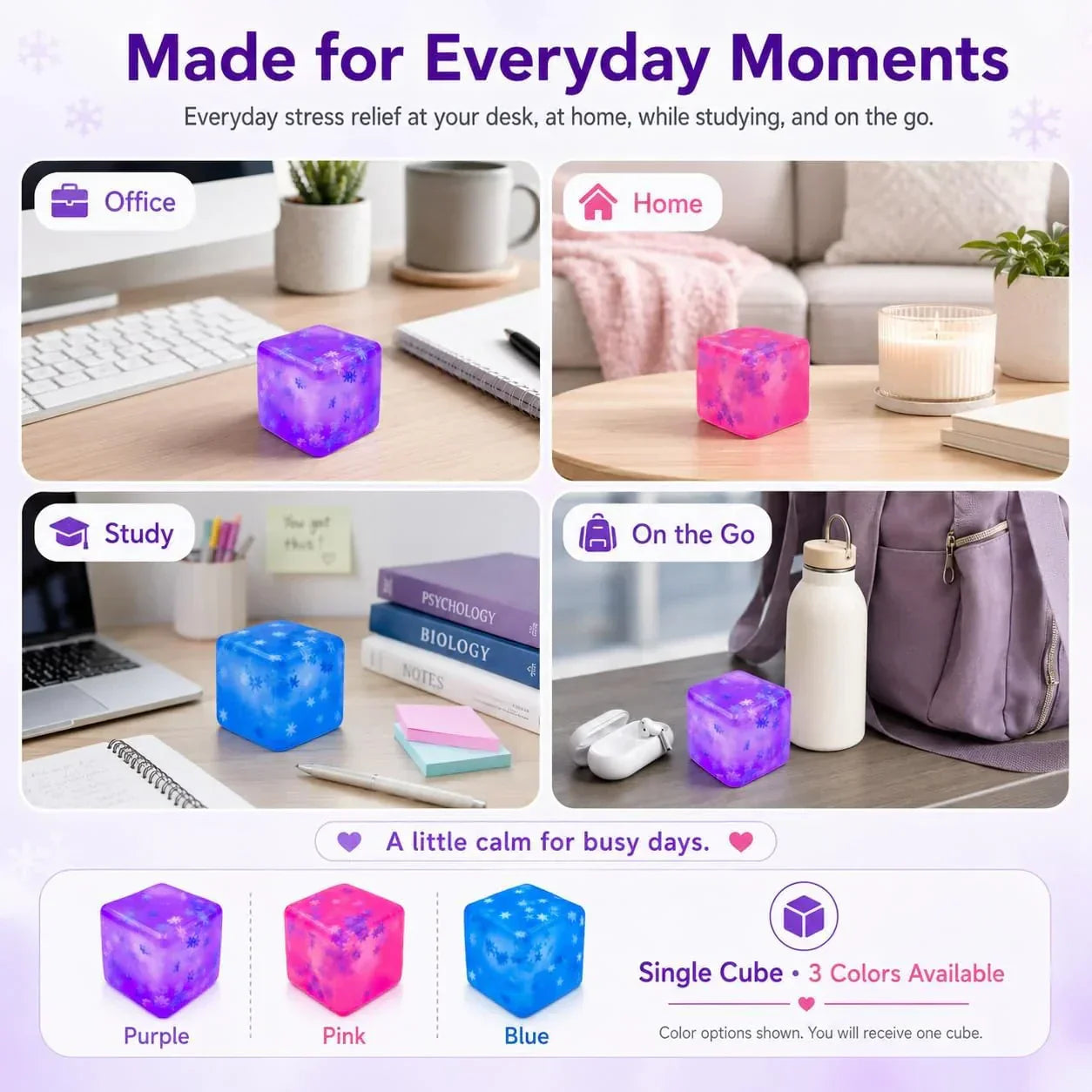 Stress Cube Squishy Toy, 1.97 Inch Slow Rising Fidget Stress Ball with Snowflake Inside, Silent Anxiety Relief Sensory Toy for Adults & Kids, Leakproof Gift-Ready Squeeze Cube