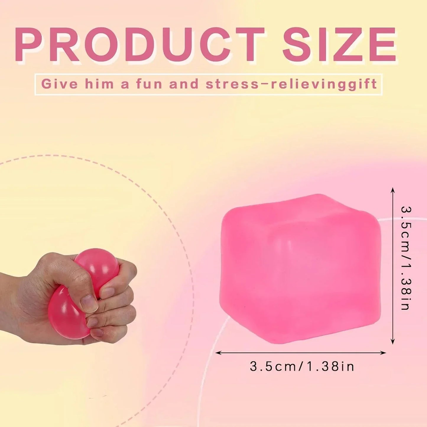 Ice Cube Squishy Toy 3.5cm (1.38") – Gel-Filled Slow Rising Squeeze Cube for Kids Ages 3+ & Adults, Mini Sensory Desk Toy for Classroom Rewards, Party Favors & Everyday Play (Pink)