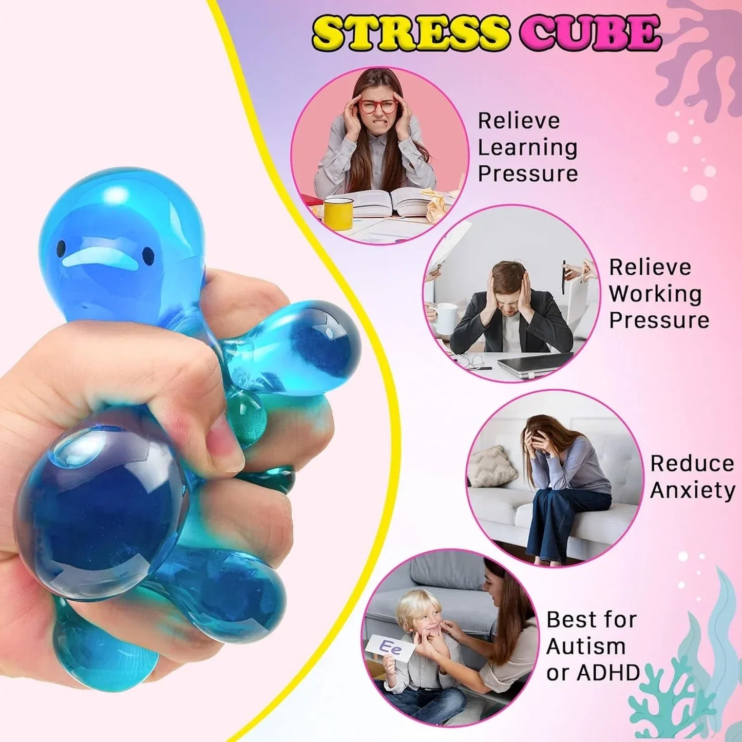 Stress Cube Squishy Fidget Toys Kids Adults - Glow in The Dark Whale Squish Toy Sensory Toys for Kids with Autism Stress Balls for Kids Squeeze Toys for Anxiety Stress Relief Easter Basket Stuffers