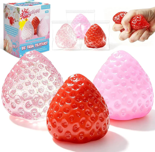 3Pcs Big Taba Squishies Strawberry, Cute Strawberry Squeeze Toys, Upgrade Fruit Squishies, Kawaii Sticky Stress Toy, Clear Fidget Toys, Valentines Gift for Kids, Teen Boys Girls Birthday Gift Ideas