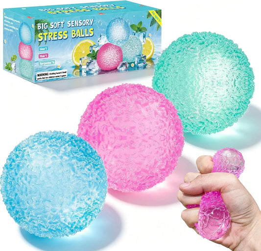 3Pc Big Soft Sensory Stress Balls, Textured Memory Gel Soft Fidget Toys, Large Sensory Soft Fidget Toy for Kids/Aduts,Anxiety Relief Squeeze Ball for Autism/ADHD, Party Favors Gifts (Random Color)