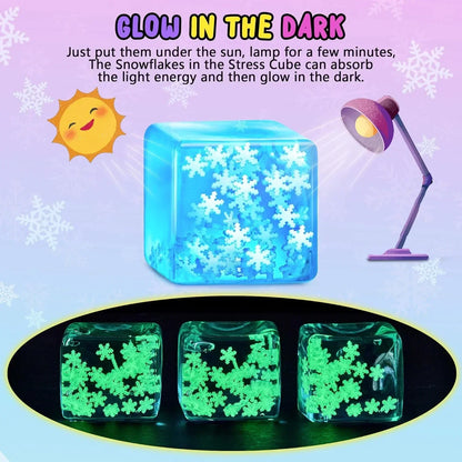 Squishy Fidget Toys Adults Stress Cube - Glow in The Dark Snowflakes Sensory Toys for Kids with Autism Stress Balls for Kids Teens Squeeze Squishy Toys Easter Basket Stuffers