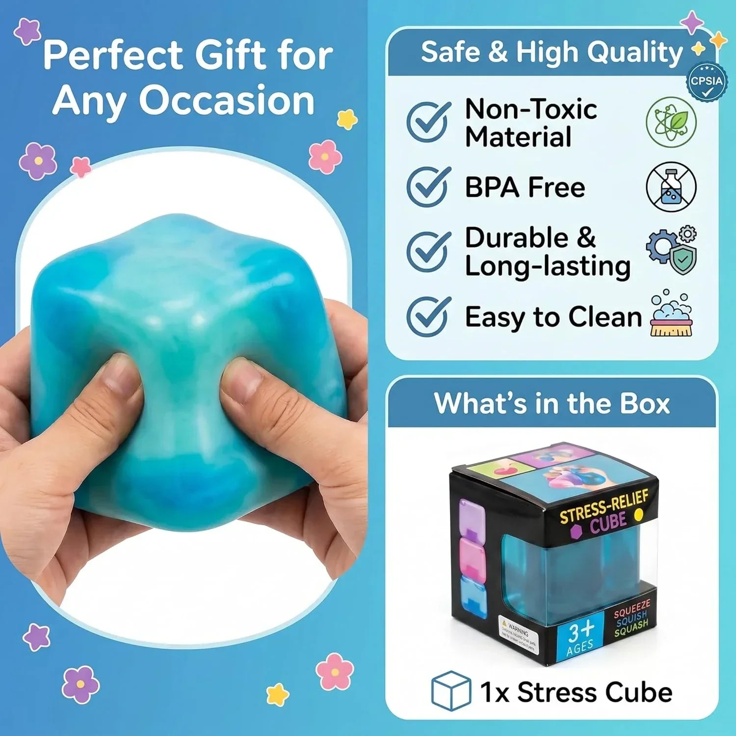 Nice Stress Cube, Squishy Fidget Toy Cubes, Slow Rising Squeeze Cube Balls, Non-Sticky Desk Toy for Relaxation & Focus for Adults, Blue