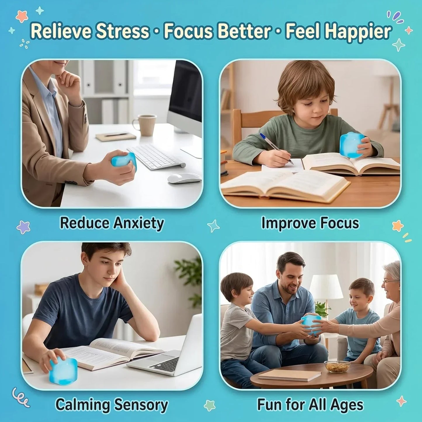 Nice Stress Cube, Squishy Fidget Toy Cubes, Slow Rising Squeeze Cube Balls, Non-Sticky Desk Toy for Relaxation & Focus for Adults, Blue