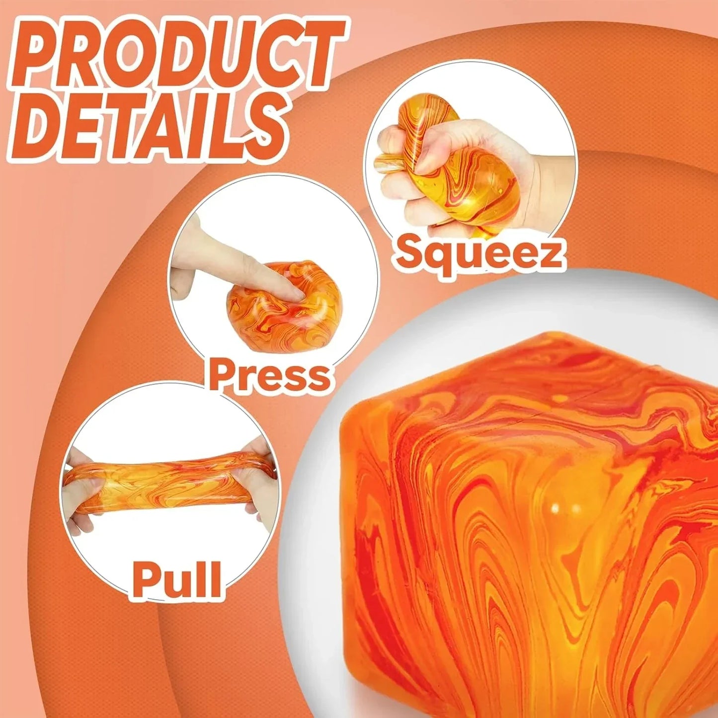 Jiezipaeasy Ice Cube Stress Ball 5cm(1.98", Marble Veined Squishy Fidget Toy for Adults & Kids, Soft Slow Rebound Sensory Toy for Stress & Anxiety Relief, Stretchy Non-Sticky Desk Toy (Orange)