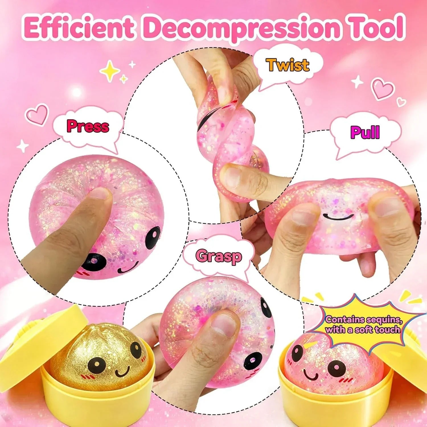 Glitter Dumpling Squishy Mystery Box, Ultra-Soft TPR Slow-Rise Sensory Fidget Toy, Stress Relief for Classroom or Office, Cute Birthday Holiday Gift for Kids Teens & Adults (Mini Pink & Gold)
