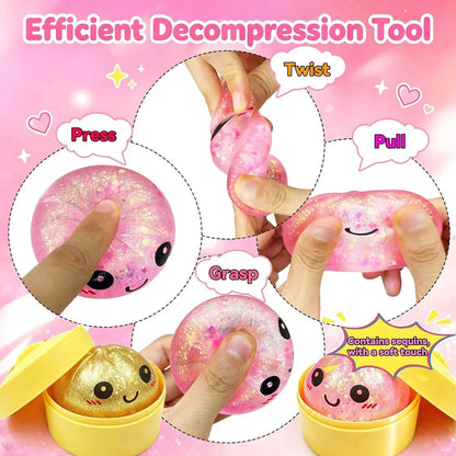Glitter Dumpling Squishy Mystery Box, Ultra-Soft TPR Slow-Rise Sensory Fidget Toy, Stress Relief for Classroom or Office, Cute Birthday Holiday Gift for Kids Teens & Adults (Mini Pink & Gold)