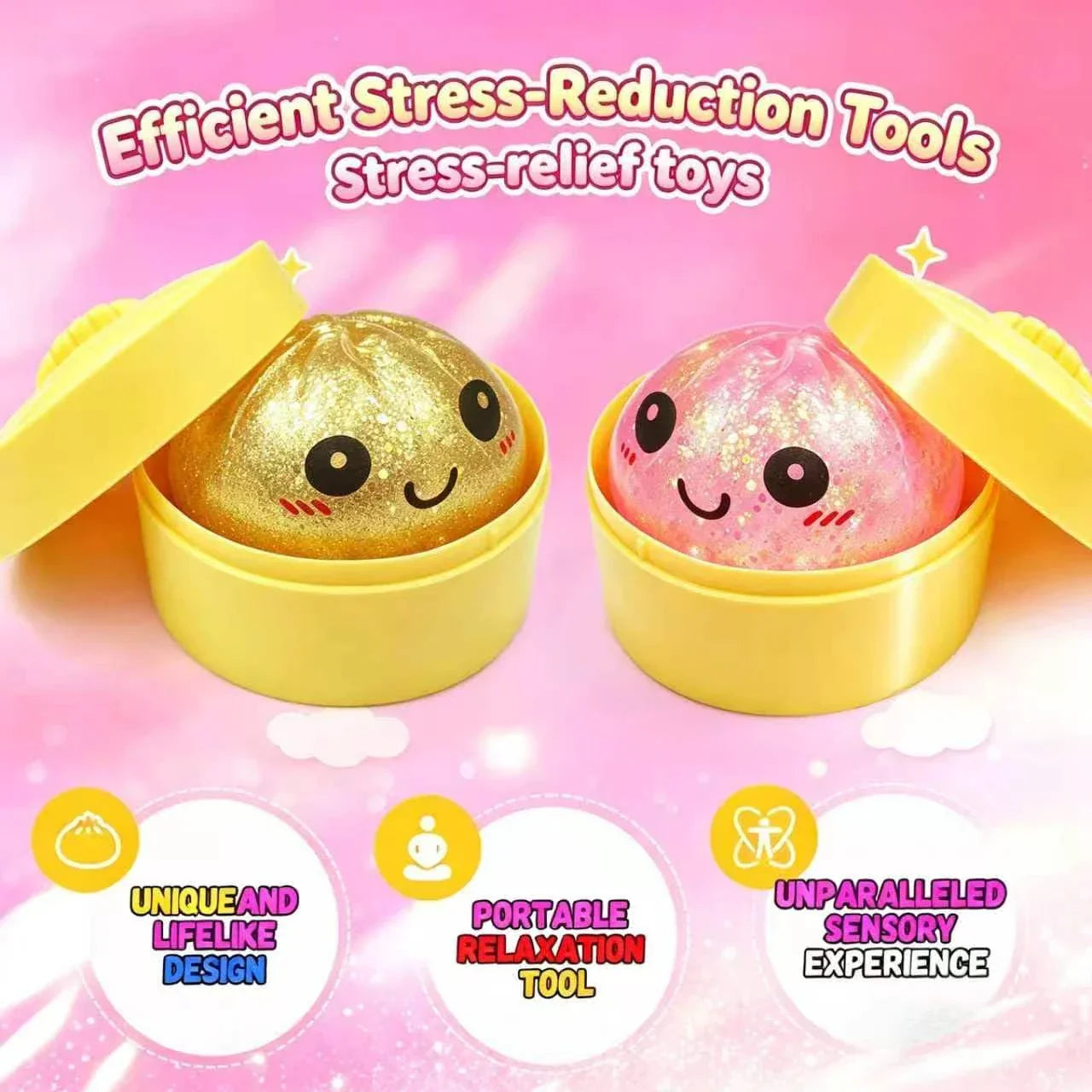 Glitter Dumpling Squishy Mystery Box, Ultra-Soft TPR Slow-Rise Sensory Fidget Toy, Stress Relief for Classroom or Office, Cute Birthday Holiday Gift for Kids Teens & Adults (Mini Pink & Gold)