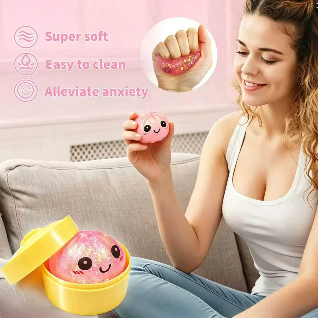 Glitter Dumpling Squishy Mystery Box, Ultra-Soft TPR Slow-Rise Sensory Fidget Toy, Stress Relief for Classroom or Office, Cute Birthday Holiday Gift for Kids Teens & Adults (Mini Pink & Gold)