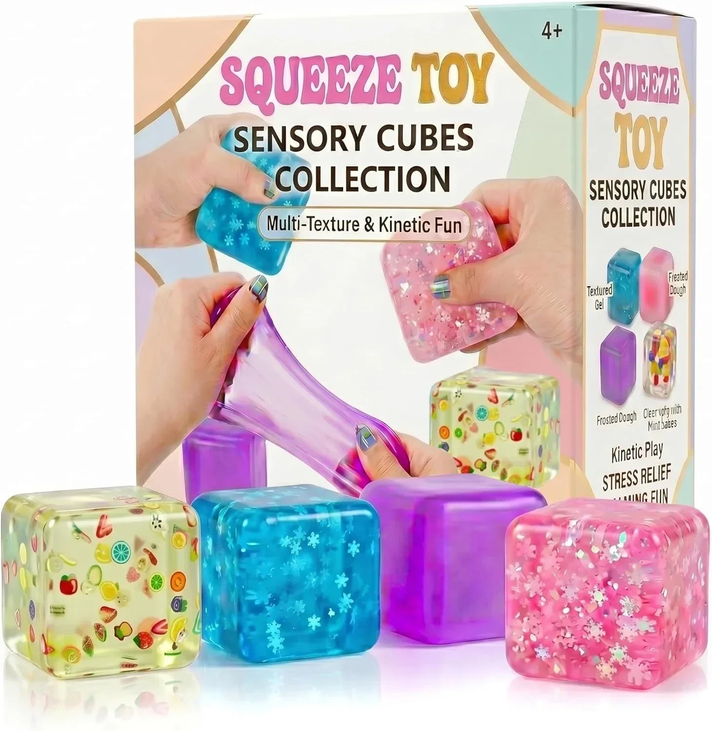 A Set of 4 Compression Squeezing , Soft Stress-Relieving Toys, Four-Color Textured Toys that Help Relieve Anxiety, and a Portable Cubic Squeezing Toy that Helps Concentrate and Relax the Body.