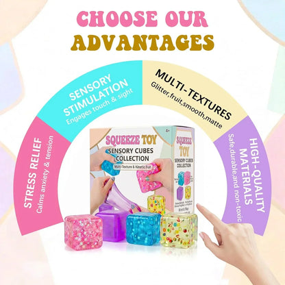 A Set of 4 Compression Squeezing , Soft Stress-Relieving Toys, Four-Color Textured Toys that Help Relieve Anxiety, and a Portable Cubic Squeezing Toy that Helps Concentrate and Relax the Body.