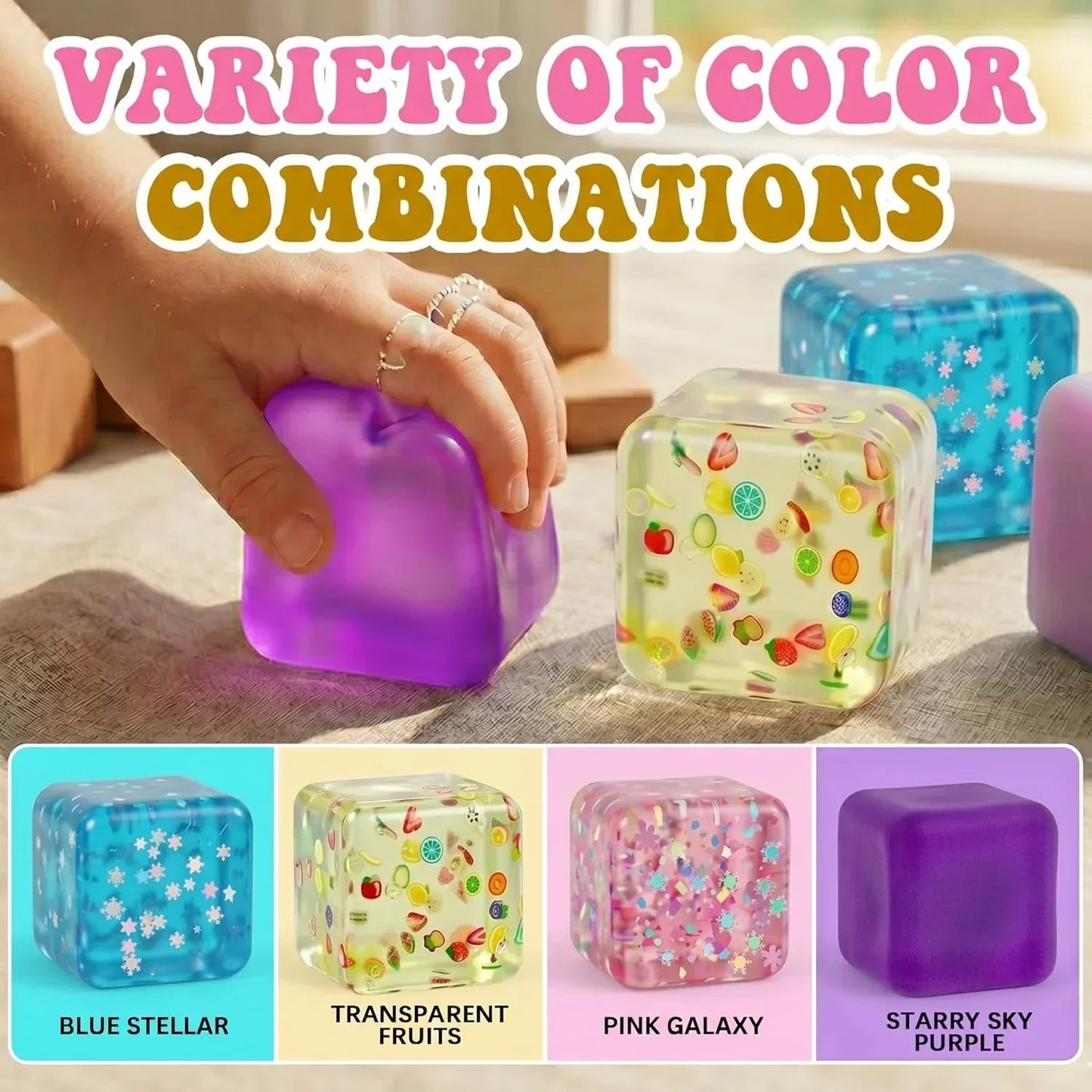 A Set of 4 Compression Squeezing , Soft Stress-Relieving Toys, Four-Color Textured Toys that Help Relieve Anxiety, and a Portable Cubic Squeezing Toy that Helps Concentrate and Relax the Body.