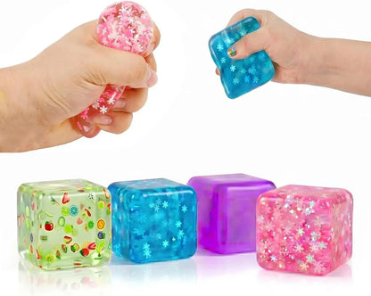 A Set of 4 Compression Squeezing , Soft Stress-Relieving Toys, Four-Color Textured Toys that Help Relieve Anxiety, and a Portable Cubic Squeezing Toy that Helps Concentrate and Relax the Body.