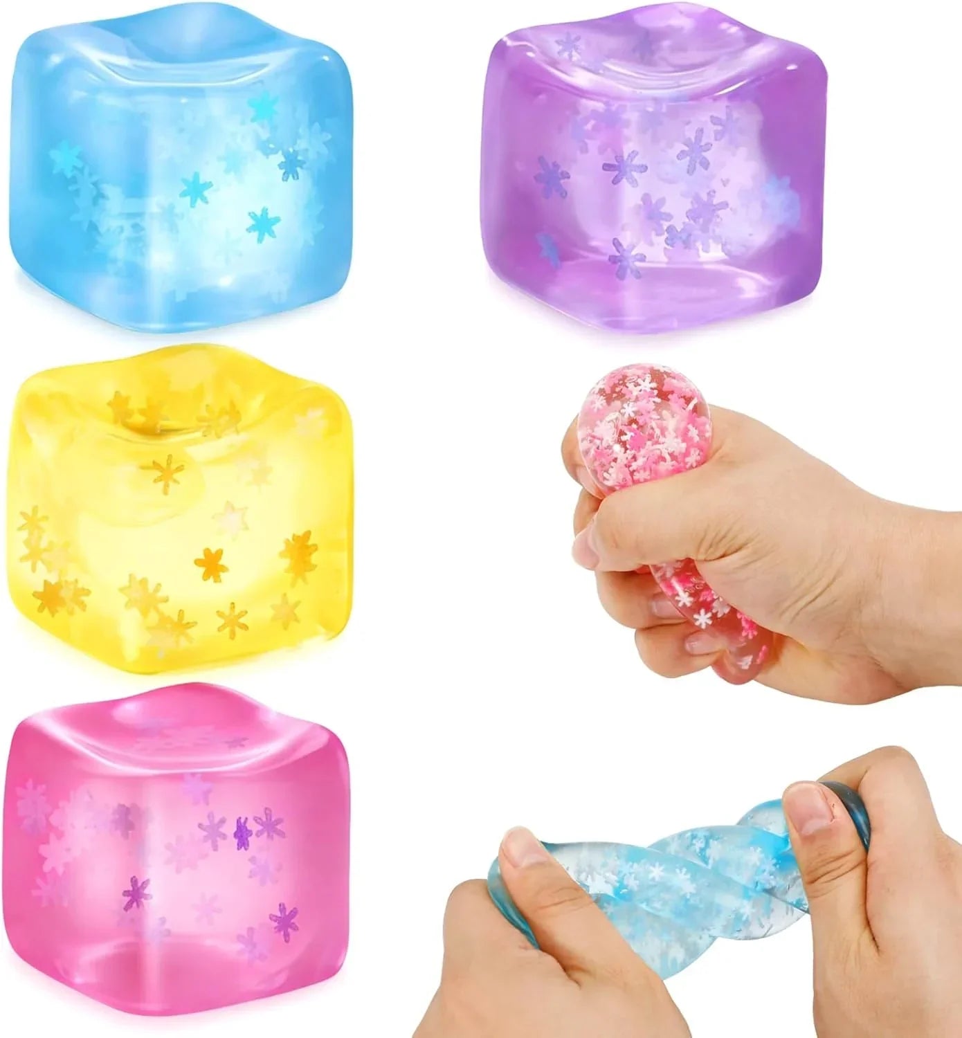 Fidget Toy Stress Cube- 4 Pack Sensory Squeeze Toys, Slow Rising Squishy Cube Filled with Thick Substance and Snowflakes Crafts, Anxiety Stress Relief Calming Tool for Adults and Kids - US 7842