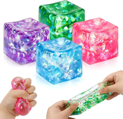 4 Pack Glitter Ice Cube Squishy, Slow Rising Stress Relief Toys, Square Stree Balls Fidget Toys for Adults Boys Girls, Squeeze Ball Sensory Toys for Kids with Autism, Party Favors Gifts - US 4786