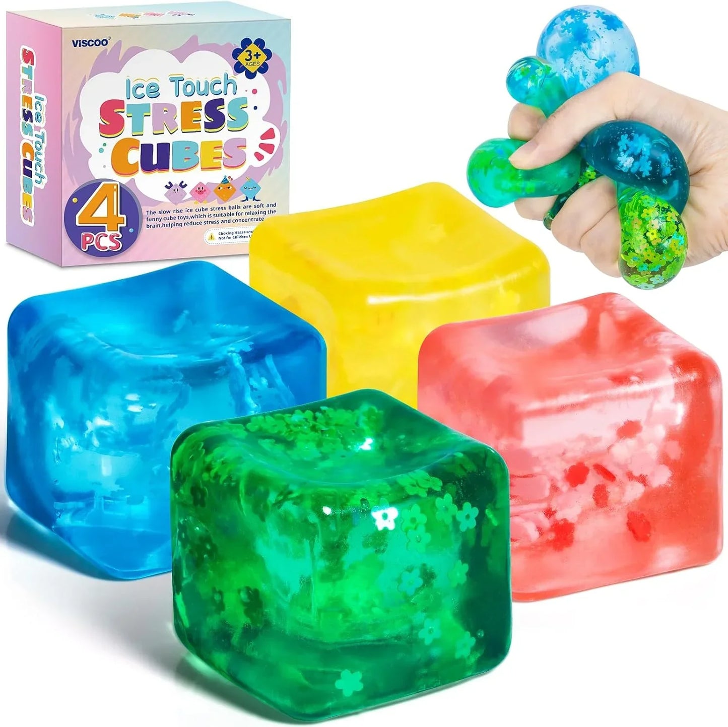 4 Pack Fidget Toy Stress Cube, Slow Rise Stress Balls Ice Cube,Mellow and Chill,Square Squishy Balls for Anxiety Relief,Cube Squishy,Prize Box Toys for Kids Classroom Birthday Gifts Party Favors - US 9049