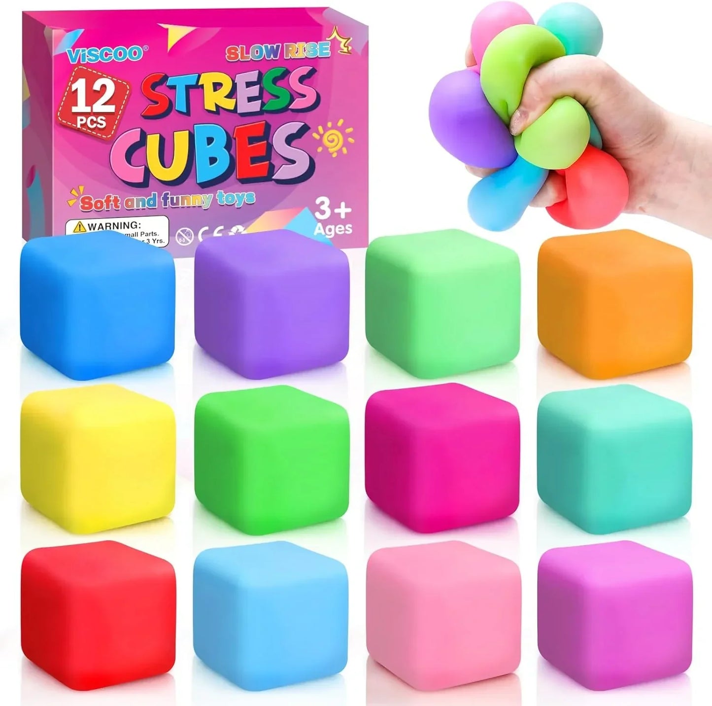 12 Pack Slow Rising Stress Cube, Dough Stress Balls Squishy Fidget Toys for Anxiety Relief, Soft Fidget Cube, Pull Stretch Squishy Toys for Classroom Prize, Party Favors for Kids Adults - US 7146