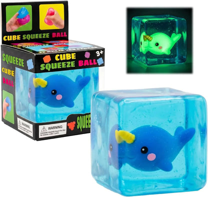 Cube Squeeze Ball Stress Fidget Toy, Glow in the Dark Gel Filled Ice Cube, Slow Rising Squishy Sensory Toy for Anxiety Relief, Kids and Adults (Narwhal) - US 4243