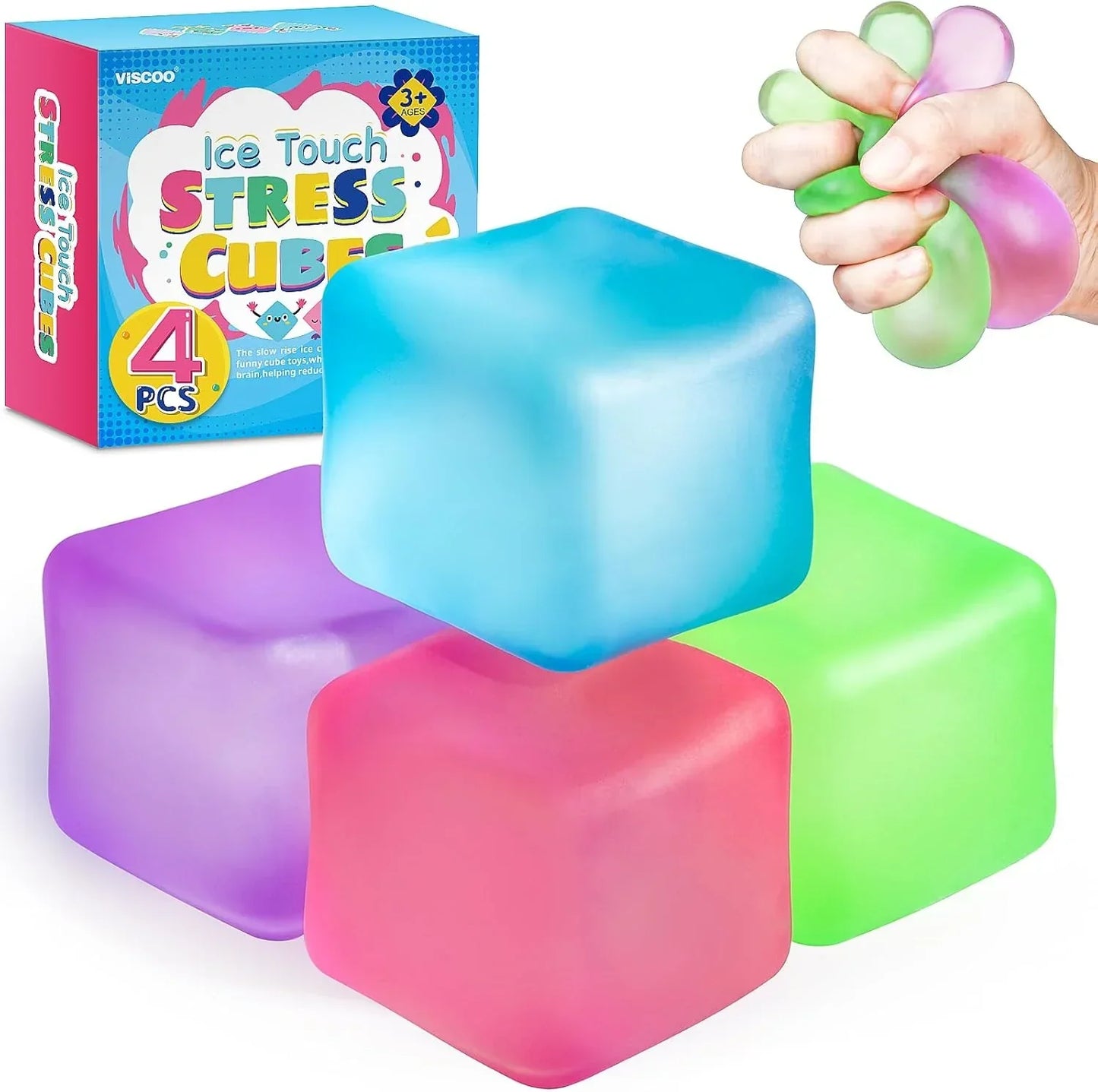 4 Pack Stress Cube, Slow Rising Ice Cube Stress Balls for Adults Kids, Sensory Fidget Toy for Anxiety Relief, Square Shape Squishy Balls for Classroom Prizes, Cube Squishy for Party Favors - US 3934