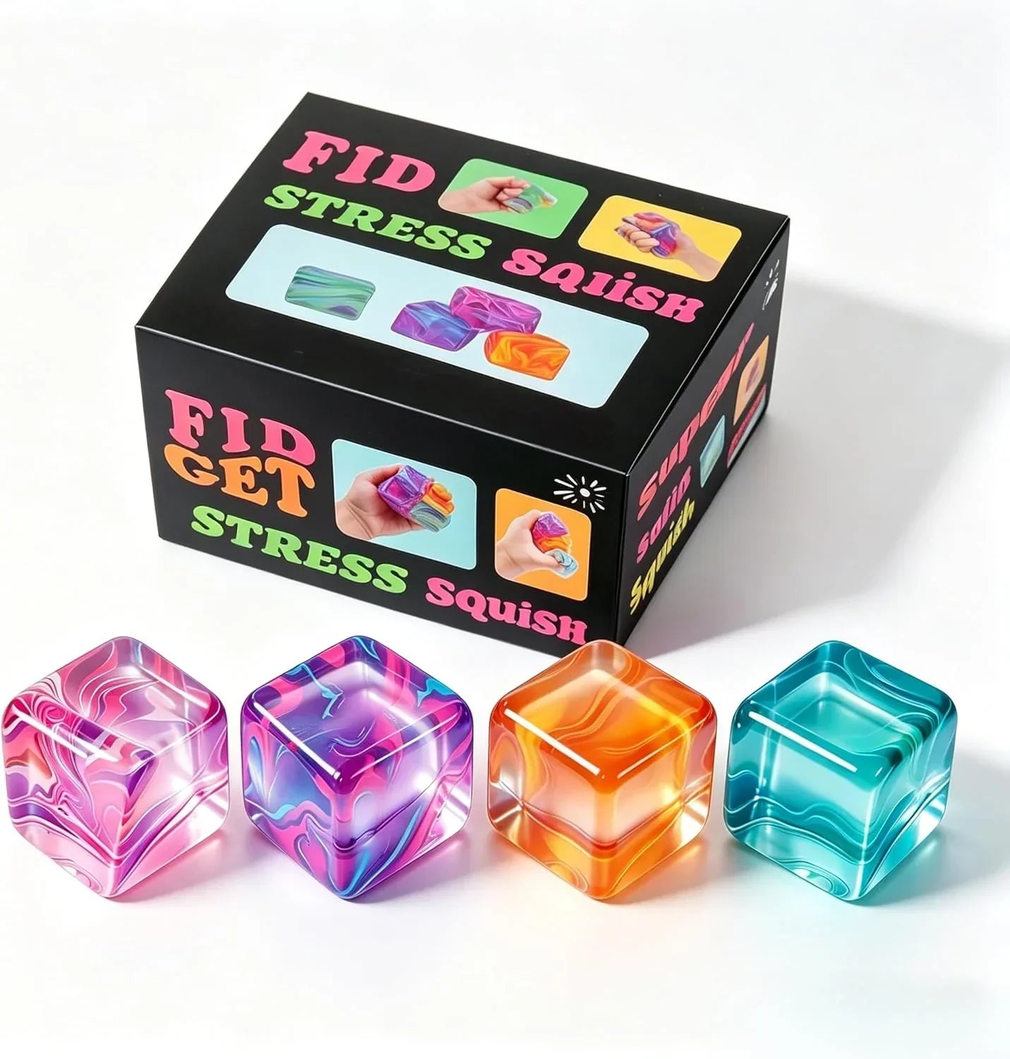 4Pack Fidget Toys Mini Squishy Stress Cube, Stress Balls for Kids, Adults Squishies Anxiety Stress Relief, Ice Squishy Cube Sugar Balls, Sensory Toys for Kids with Autism, Fidgets for Classroom Prize - US 8998