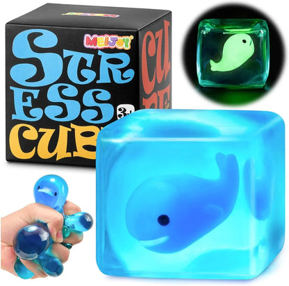 Stress Cube Squishy Fidget Toys Kids Adults - Glow in The Dark Whale Squish Toy Sensory Toys for Kids with Autism Stress Balls for Kids Squeeze Toys for Anxiety Stress Relief Easter Basket Stuffers - US 2369